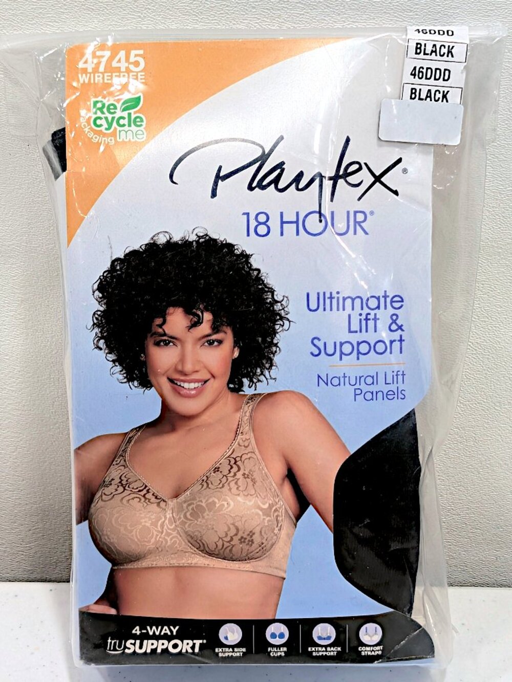 Playtex 18 Hour 46DDD Black Wirefree Lift and Support Bra 4745